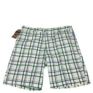 Docker Khaki Short Flat Front Straight Fit Mens Plaid 38" Waist Green & Blue